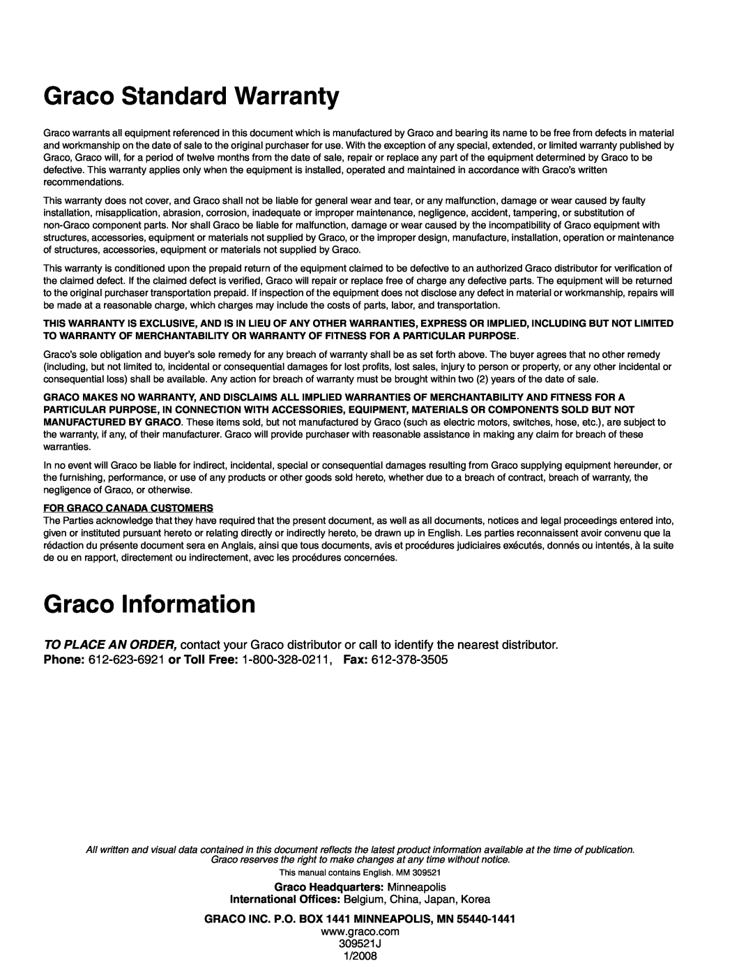 Hitachi 309521J important safety instructions Graco Standard Warranty, Graco Information, Graco Headquarters Minneapolis 