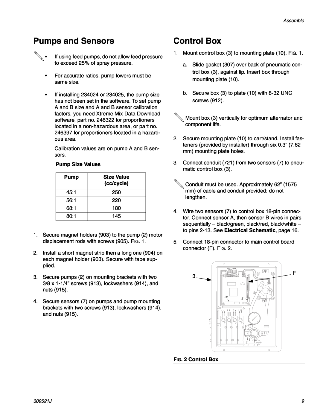 Hitachi 309521J important safety instructions Pumps and Sensors, Control Box, Pump Size Values, cc/cycle 