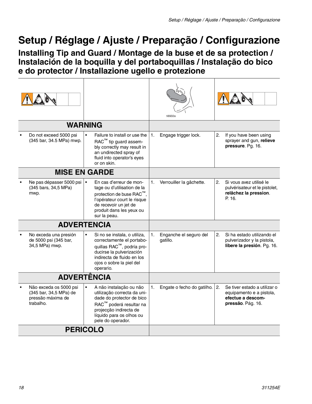 Hitachi 311254E Setup / Réglage / Ajuste / Preparação / Configurazione, Relâchez la pression, Libere la presión . Pg 