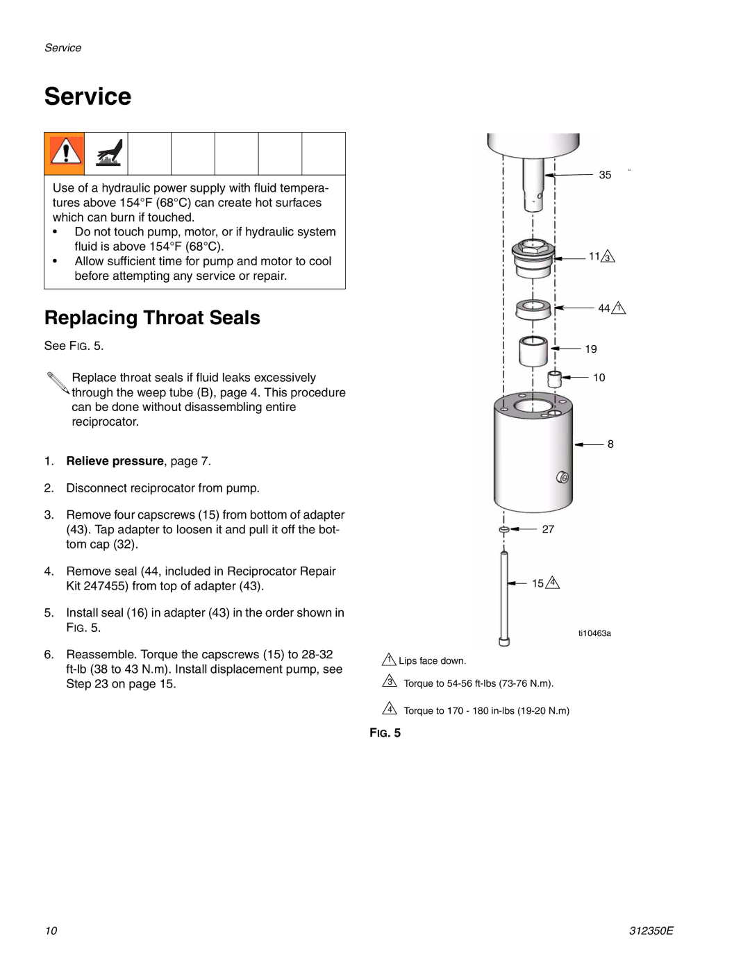 Hitachi 312350E important safety instructions Service, Replacing Throat Seals, Relieve pressure 