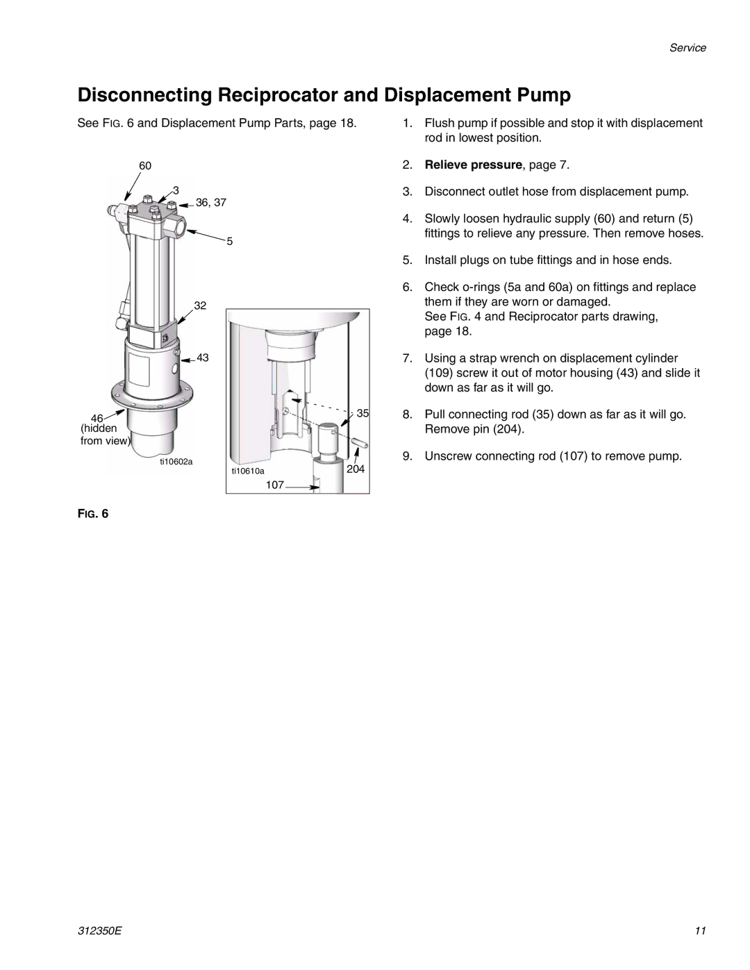 Hitachi 312350E important safety instructions Disconnecting Reciprocator and Displacement Pump 