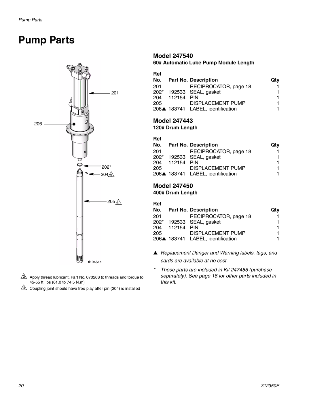 Hitachi 312350E Pump Parts, Model, 120# Drum Length Part No. Description Qty, 400# Drum Length Part No. Description Qty 