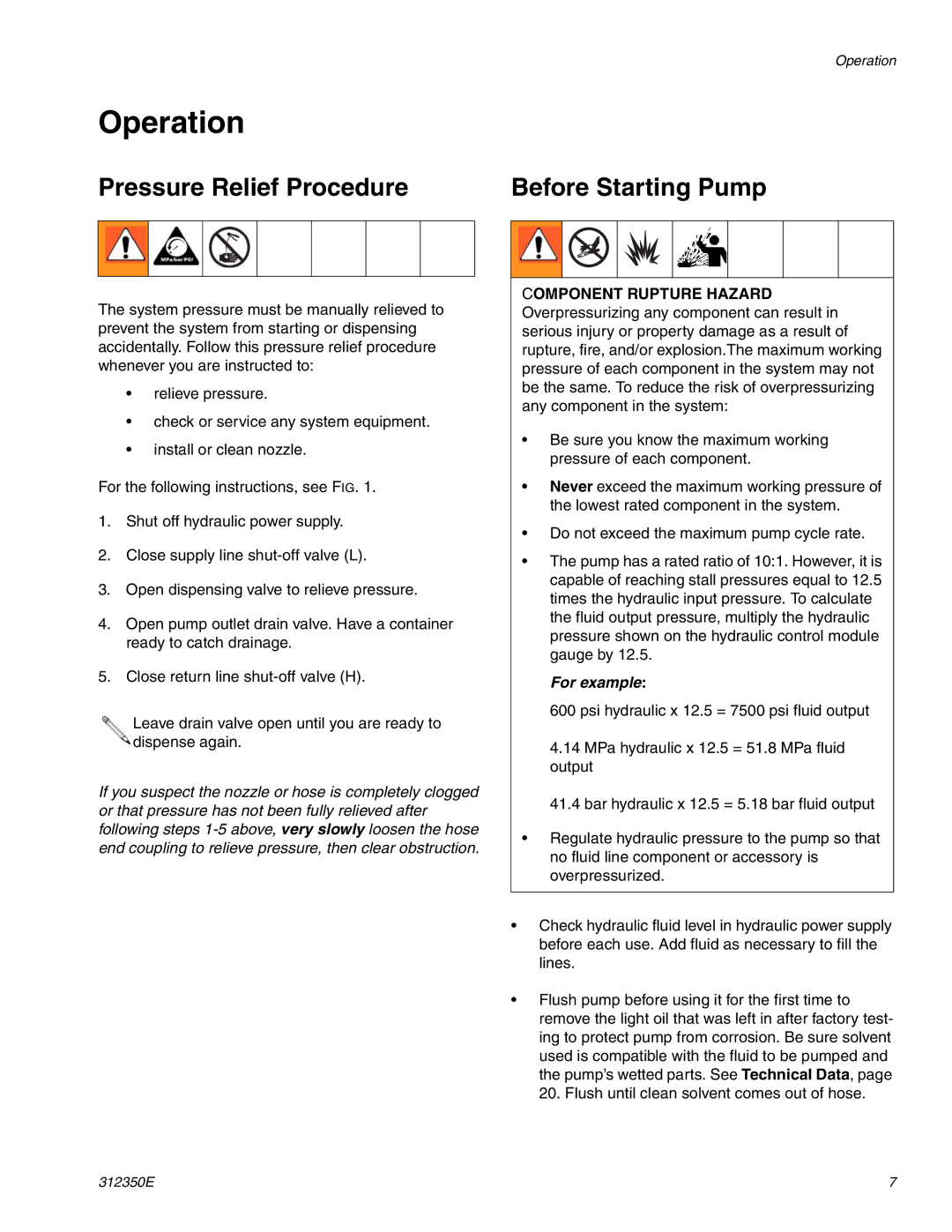 Hitachi 312350E important safety instructions Operation, Pressure Relief Procedure Before Starting Pump 