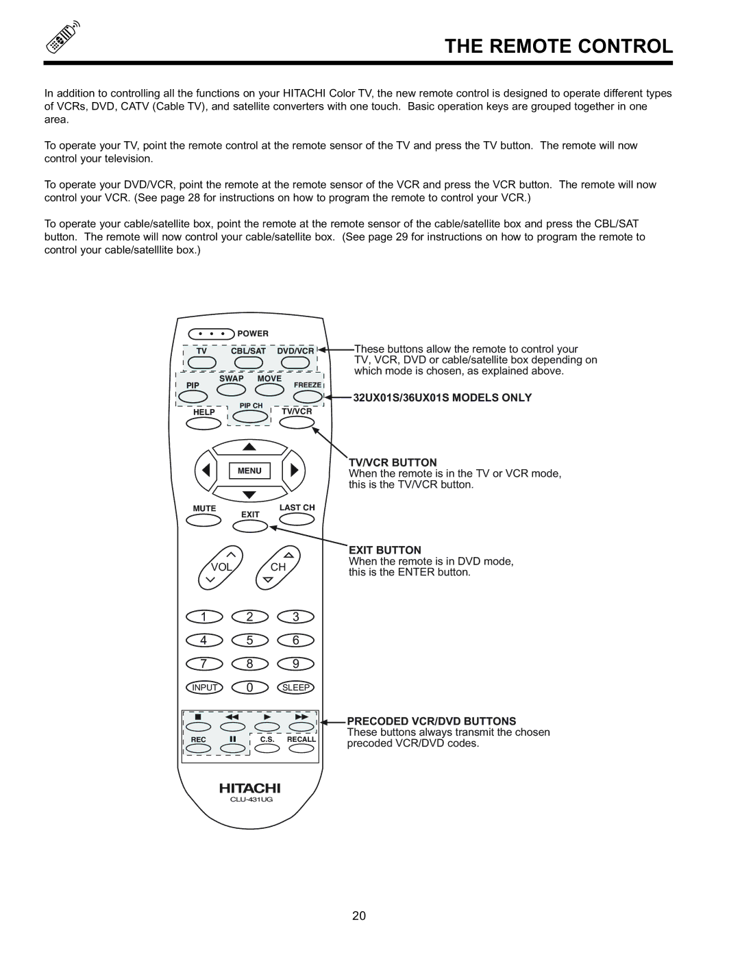 Hitachi 32GX01B, 32UX01S, 36GX01B, 36UX01S manual Remote Control, 32UX01S/36UX01S Models only, TV/VCR Button, Exit Button 