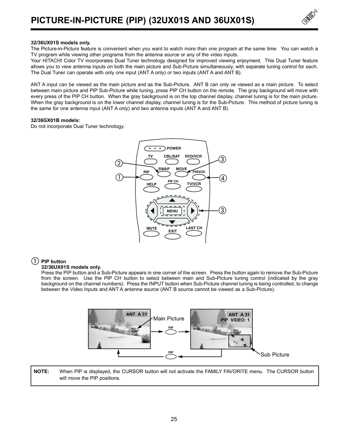 Hitachi 32GX01B, 32UX01S, 36GX01B, 36UX01S manual PICTURE-IN-PICTURE PIP 32UX01S and 36UX01S, 32/36UX01S models only 