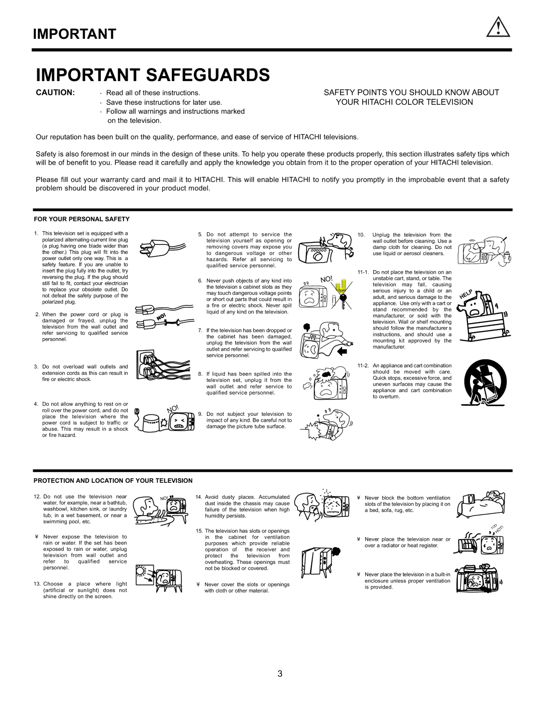 Hitachi 32GX01B, 32UX01S, 36GX01B, 36UX01S manual For Your Personal Safety, Protection and Location of Your Television 