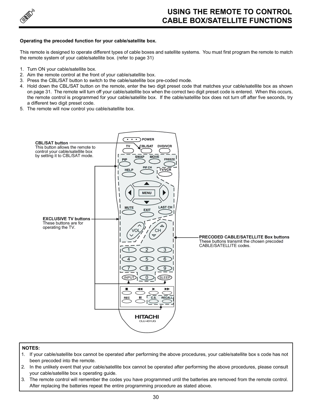 Hitachi 32GX01B, 32UX01S, 36GX01B, 36UX01S manual Using the Remote to Control Cable BOX/SATELLITE Functions 