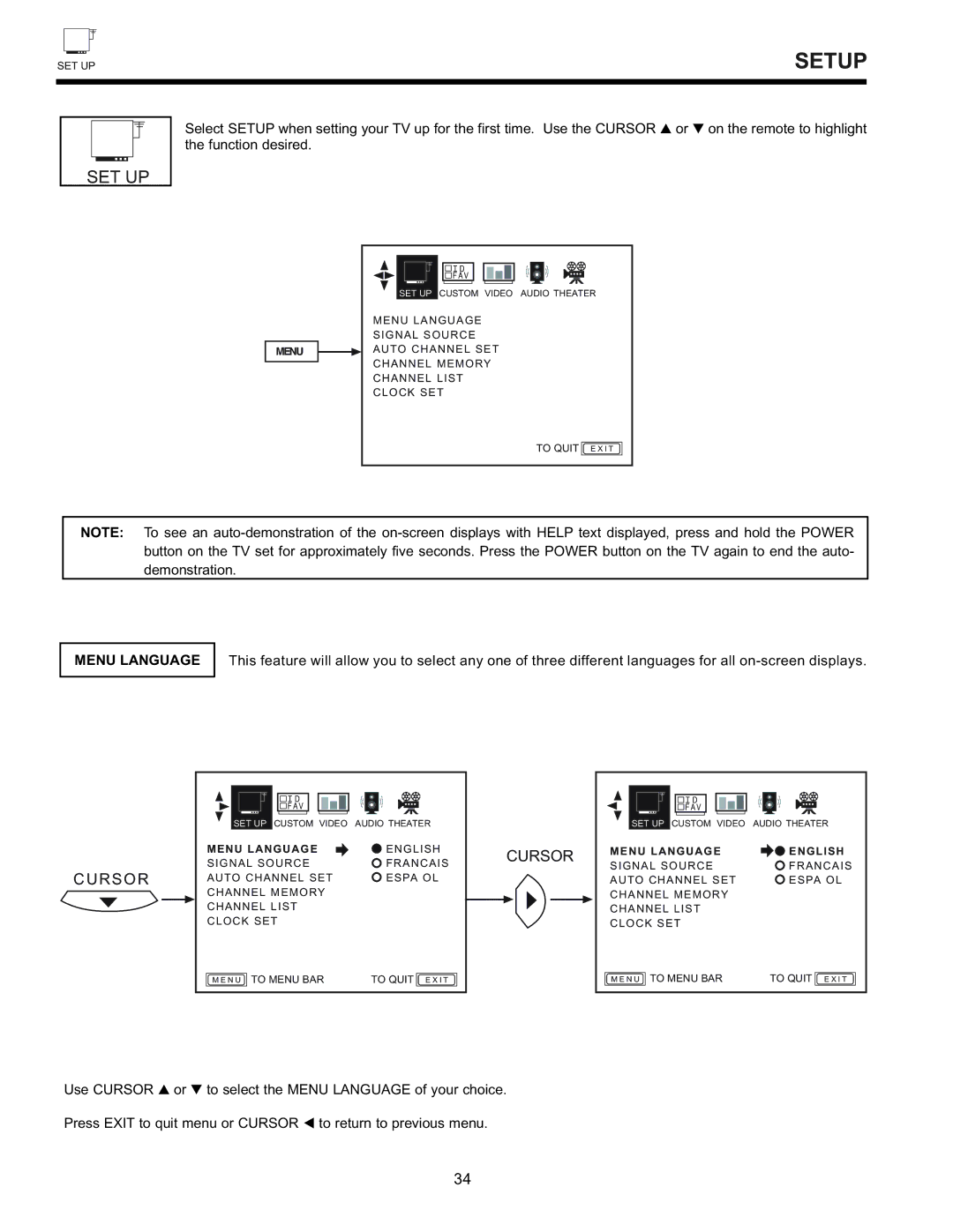 Hitachi 32GX01B, 32UX01S, 36GX01B, 36UX01S manual Setup, Menu Language English 