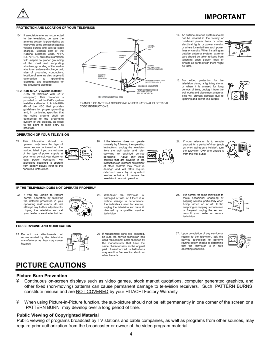 Hitachi 32GX01B, 32UX01S, 36GX01B, 36UX01S Picture Cautions, Operation of Your Television, For Servicing and Modification 