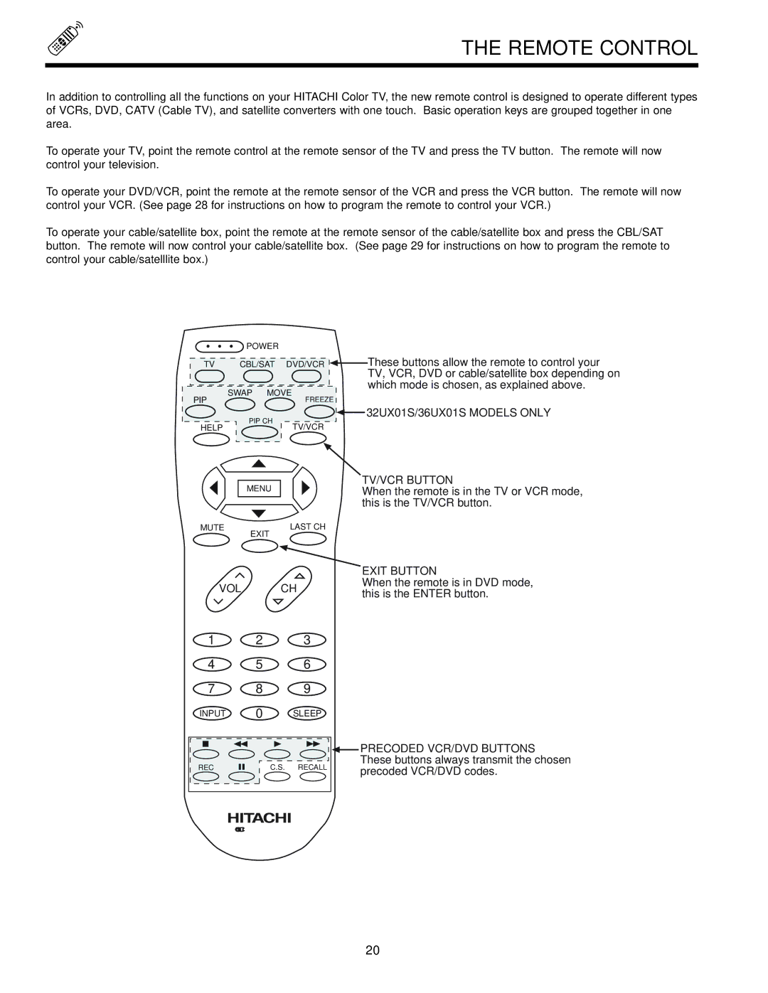 Hitachi 32GX01B, 36GX01B, 32UX01S, 36UX01S manual Remote Control, 32UX01S/36UX01S Models only, TV/VCR Button, Exit Button 