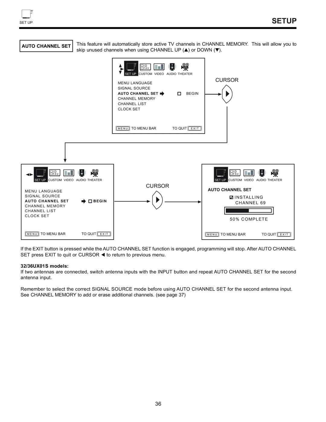 Hitachi 32GX01B, 36GX01B, 32UX01S, 36UX01S manual 32/36UX01S models, Auto Channel SET Begin 