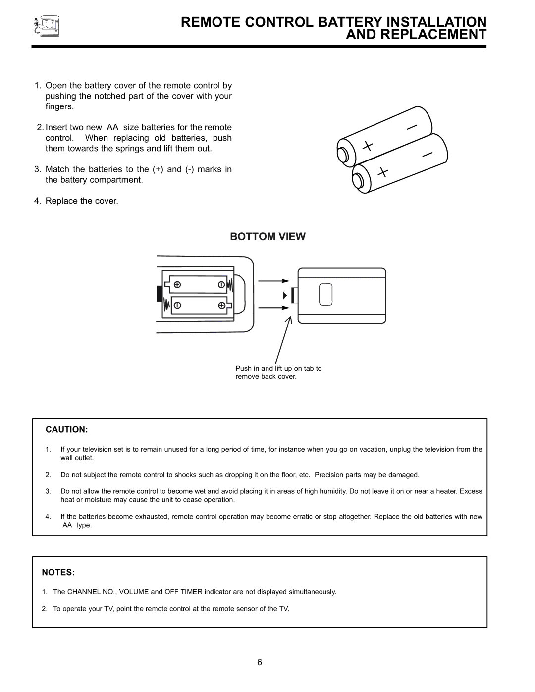 Hitachi 32GX01B, 36GX01B, 32UX01S, 36UX01S manual Remote Control Battery Installation Replacement 