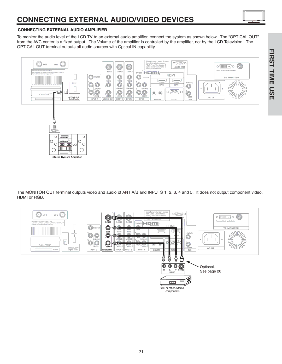 Hitachi 32HDL51 important safety instructions Connecting External AUDIO/VIDEO Devices, Connecting External Audio Amplifier 