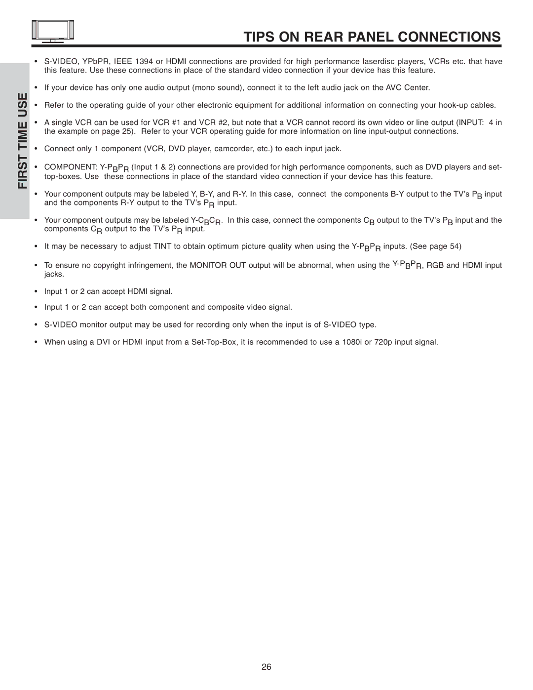 Hitachi 32HDL51 important safety instructions Tips on Rear Panel Connections 