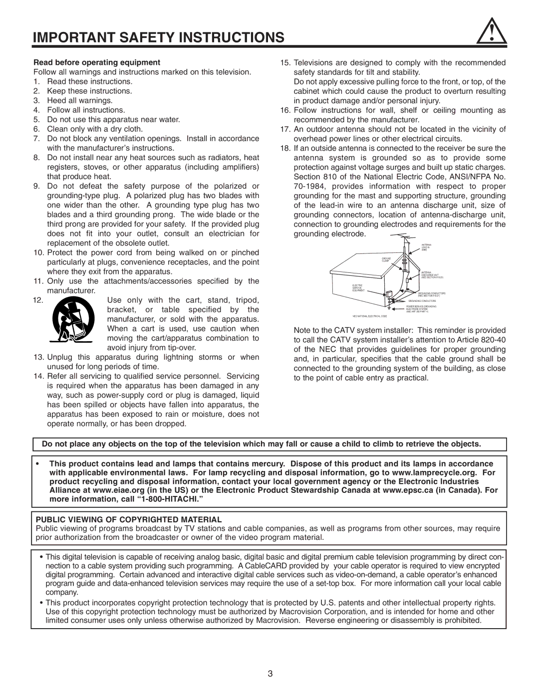 Hitachi 32HDL51 important safety instructions Read before operating equipment, Public Viewing of Copyrighted Material 