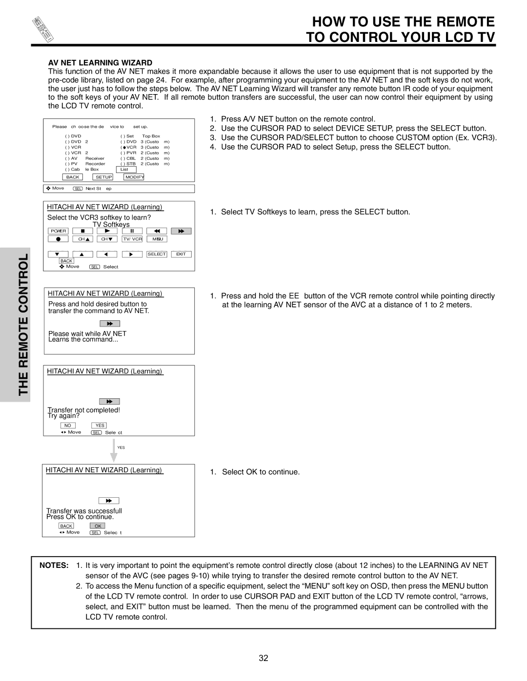 Hitachi 32HDL51 important safety instructions AV NET Learning Wizard, Select TV Softkeys to learn, press the Select button 