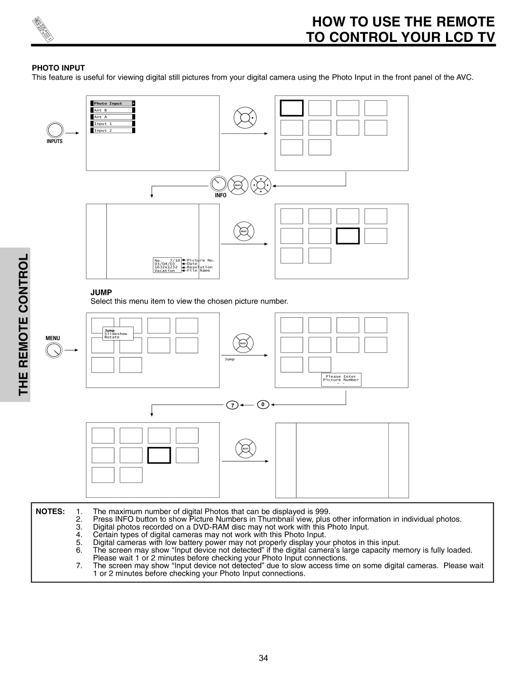 Hitachi 32HDL51 important safety instructions Jump, Select this menu item to view the chosen picture number 