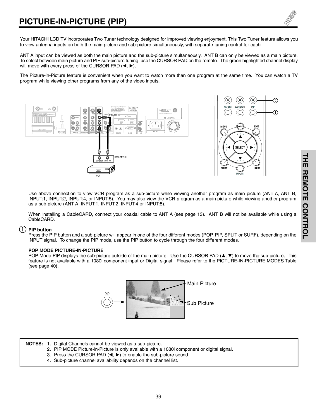 Hitachi 32HDL51 important safety instructions Picture-In-Picture Pip, PIP button, POP Mode PICTURE-IN-PICTURE 