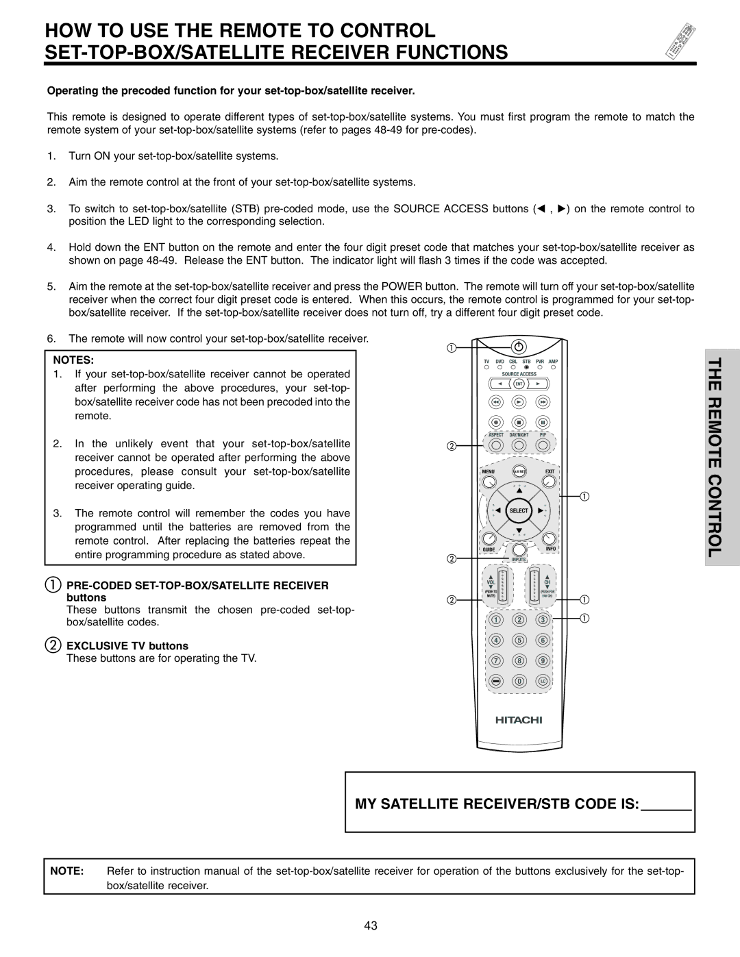 Hitachi 32HDL51 important safety instructions PRE-CODED SET-TOP-BOX/SATELLITE Receiver buttons 