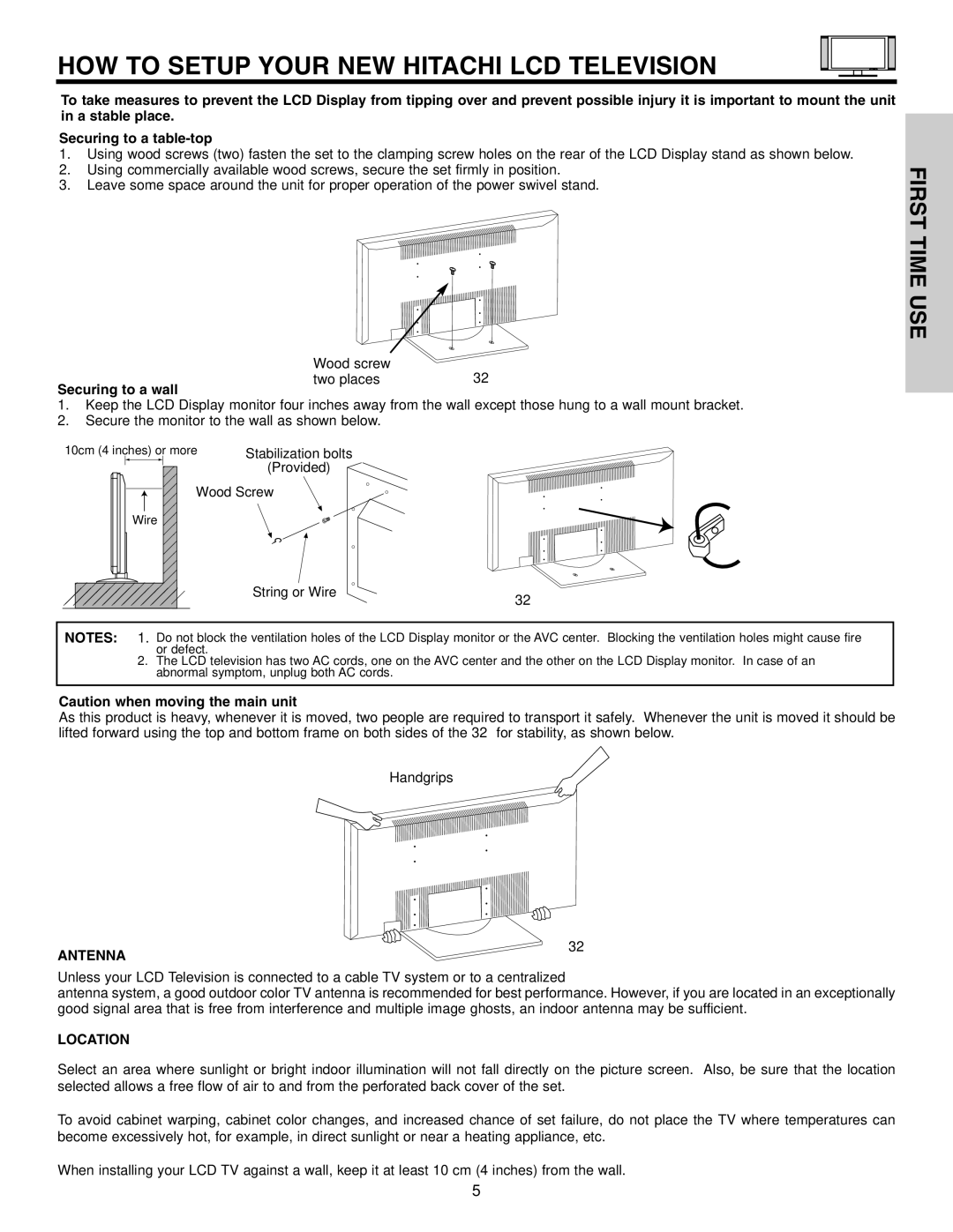 Hitachi 32HDL51 HOW to Setup Your NEW Hitachi LCD Television, Securing to a wall, Antenna, Location 