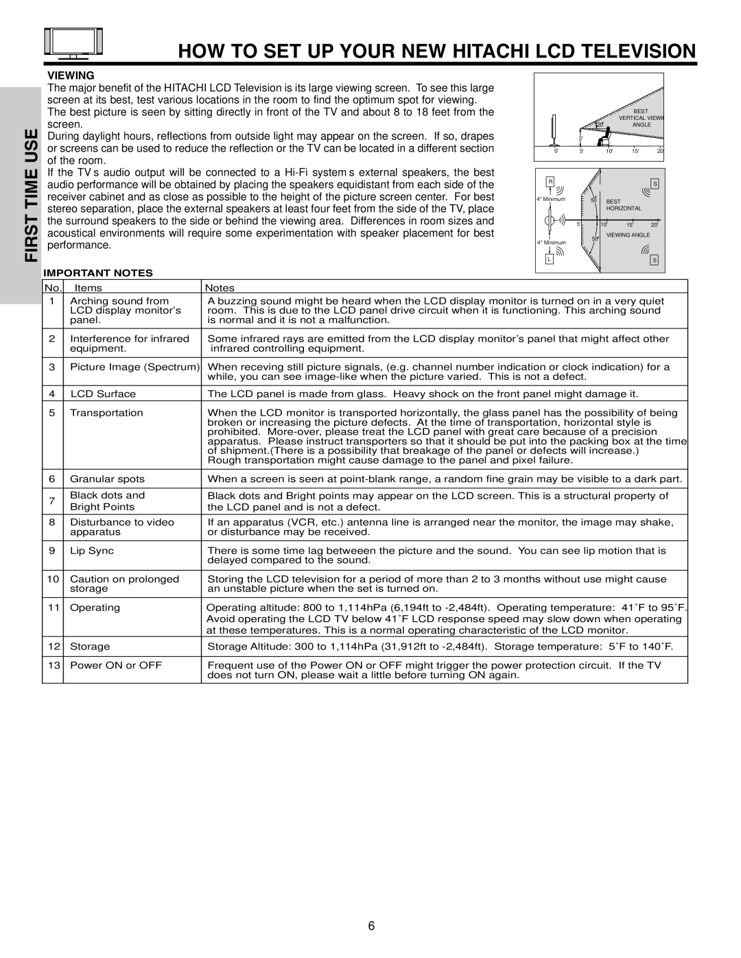 Hitachi 32HDL51 important safety instructions HOW to SET UP Your NEW Hitachi LCD Television, Viewing 