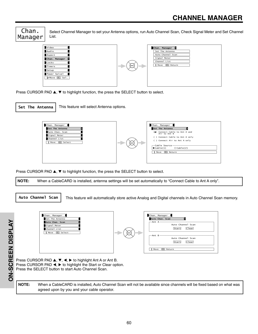 Hitachi 32HDL51 Channel Manager, Set The Antenna, This feature will select Antenna options, Auto Channel Scan 