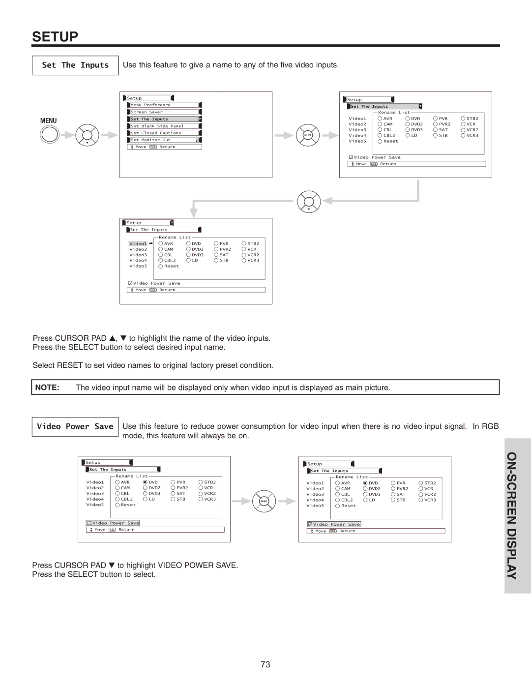 Hitachi 32HDL51 important safety instructions Set The Inputs, Video Power Save 