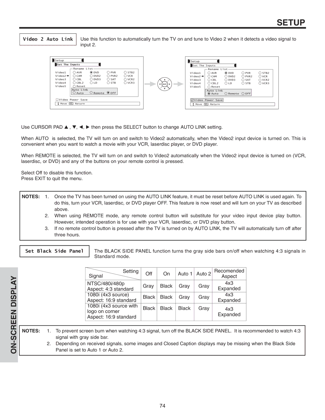 Hitachi 32HDL51 important safety instructions Video 2 Auto Link, Set Black Side Panel, Aspect, Gray Black, Expanded 