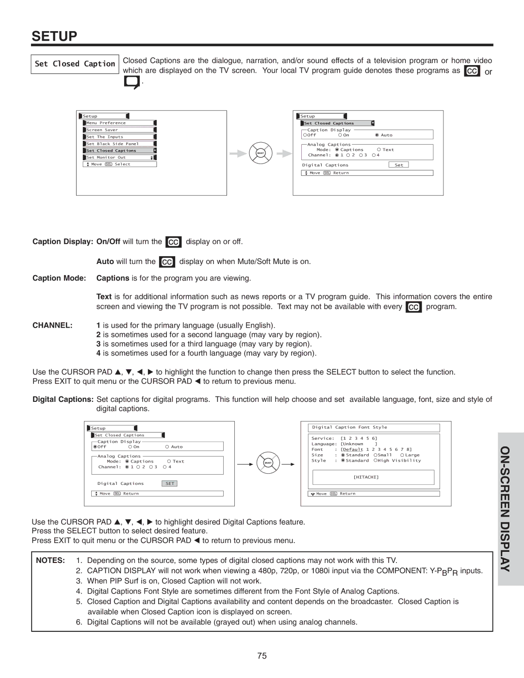 Hitachi 32HDL51 important safety instructions Set Closed Caption, Caption Mode, Channel 