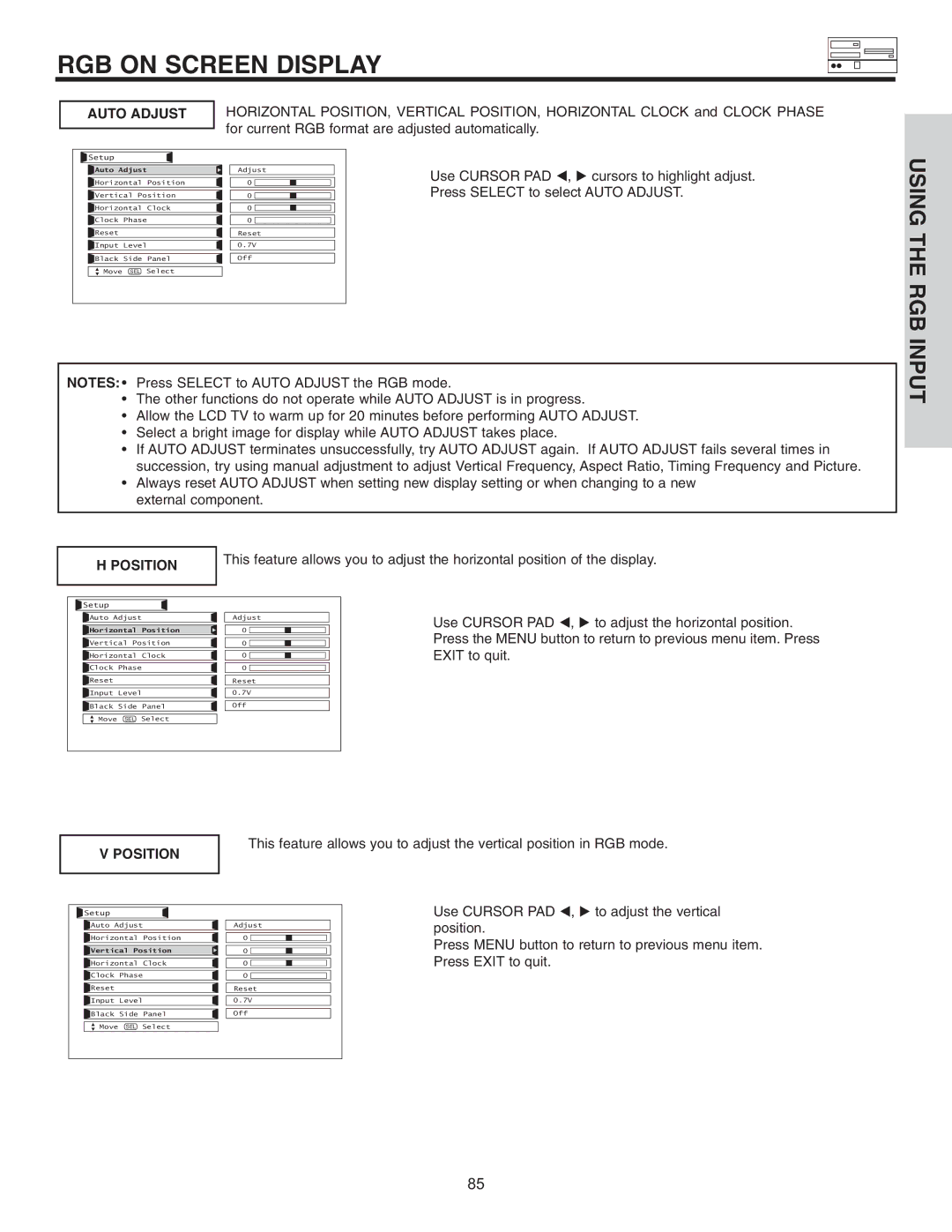 Hitachi 32HDL51 important safety instructions Auto Adjust, For current RGB format are adjusted automatically, Position 