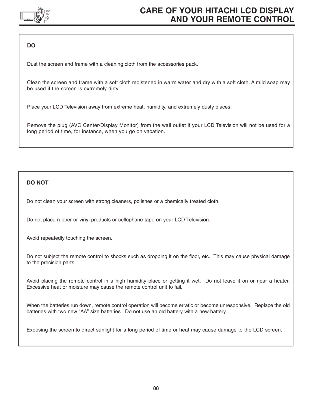 Hitachi 32HDL51 important safety instructions Care of Your Hitachi LCD Display Your Remote Control, Do not 