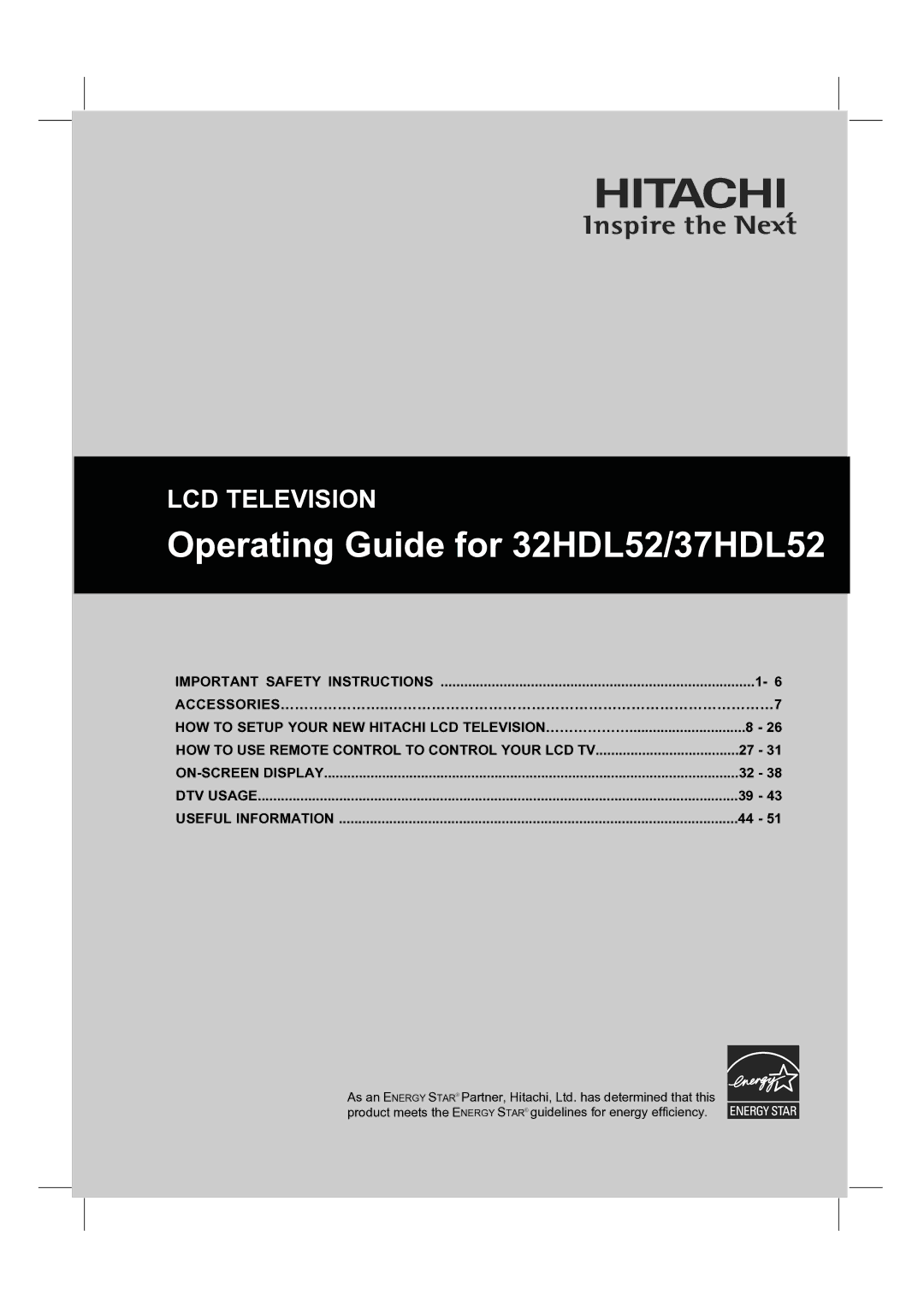 Hitachi important safety instructions Operating Guide for 32HDL52/37HDL52 