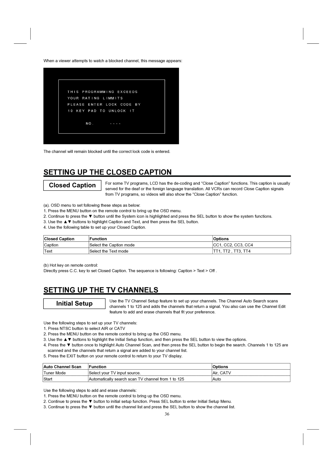 Hitachi 32HDL52, 37HDL52 Setting UP the Closed Caption, Setting UP the TV Channels, Closed Caption Function Options 