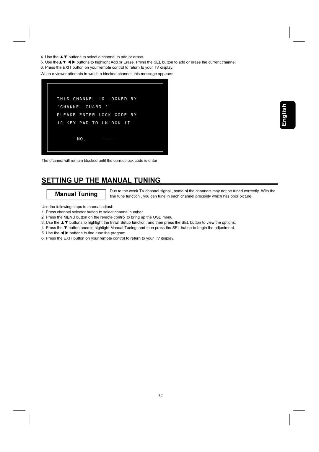 Hitachi 37HDL52, 32HDL52 important safety instructions Setting UP the Manual Tuning 