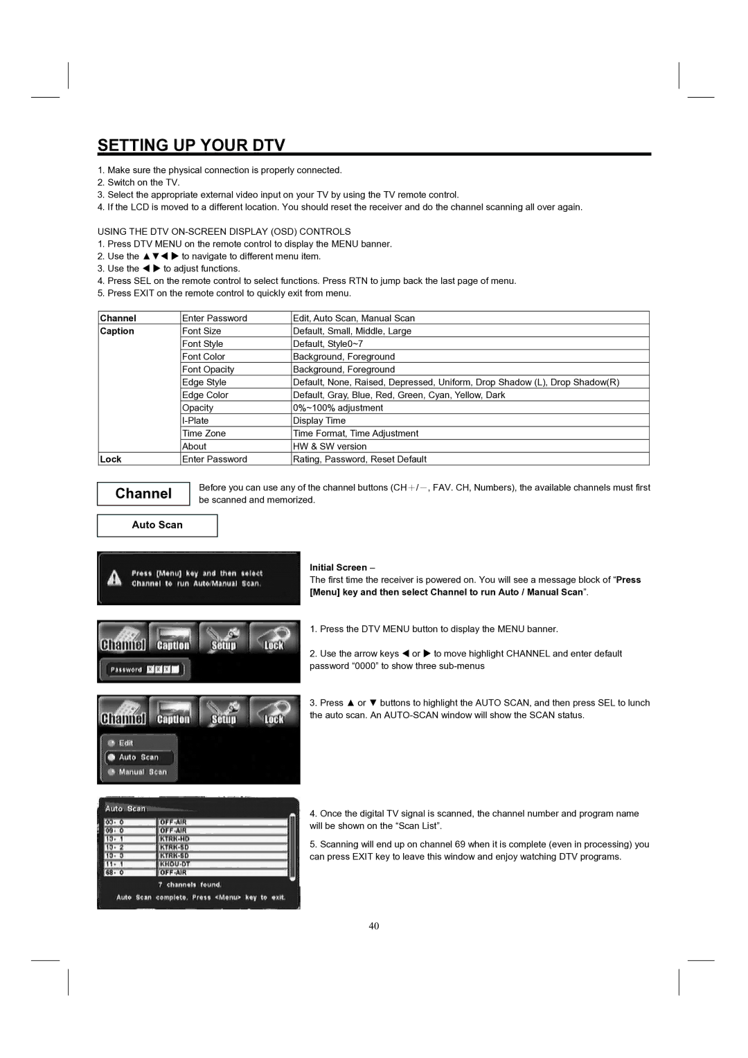 Hitachi 32HDL52, 37HDL52 important safety instructions Setting UP Your DTV, Channel, Auto Scan 