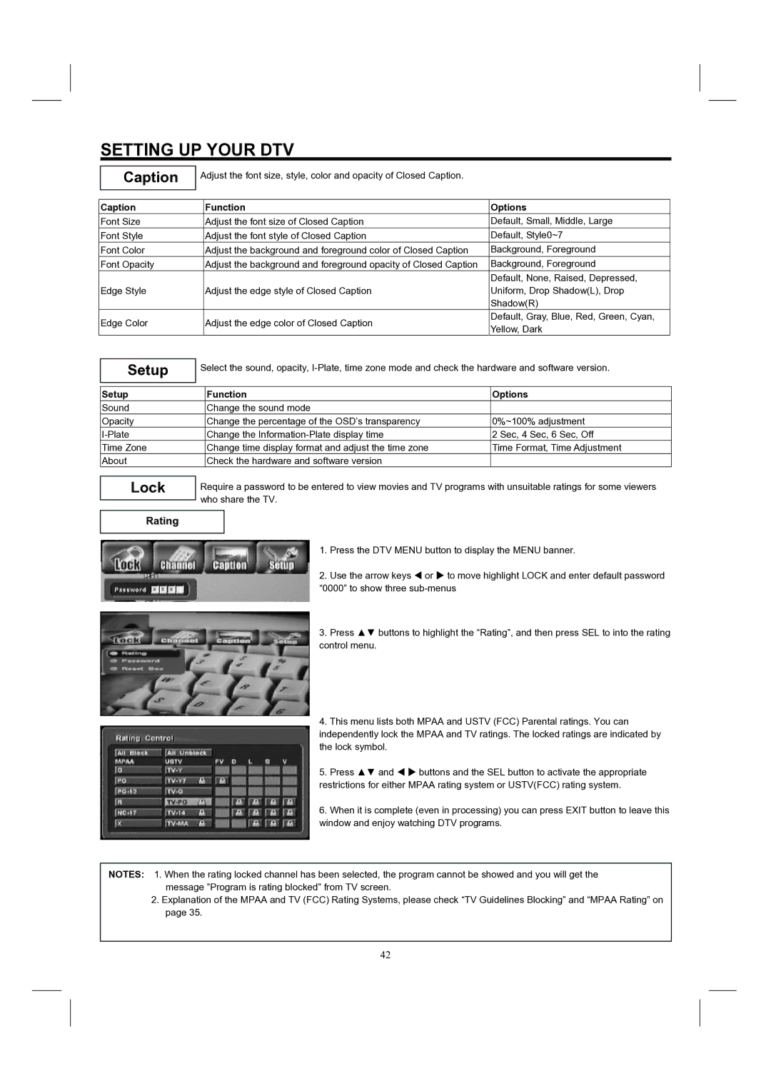 Hitachi 32HDL52, 37HDL52 important safety instructions Caption, Setup, Lock, Rating 