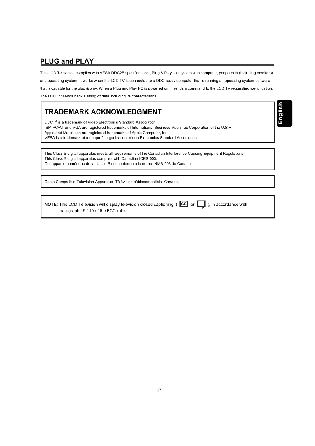 Hitachi 37HDL52, 32HDL52 important safety instructions Plug and Play, Trademark Acknowledgment 