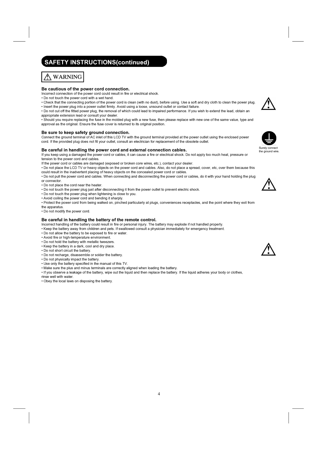 Hitachi 32HDL52, 37HDL52 Be cautious of the power cord connection, Be sure to keep safety ground connection 