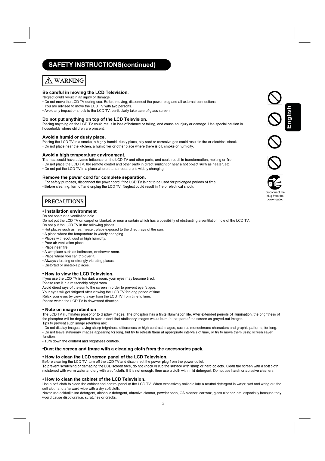 Hitachi 37HDL52, 32HDL52 Be careful in moving the LCD Television, Do not put anything on top of the LCD Television 