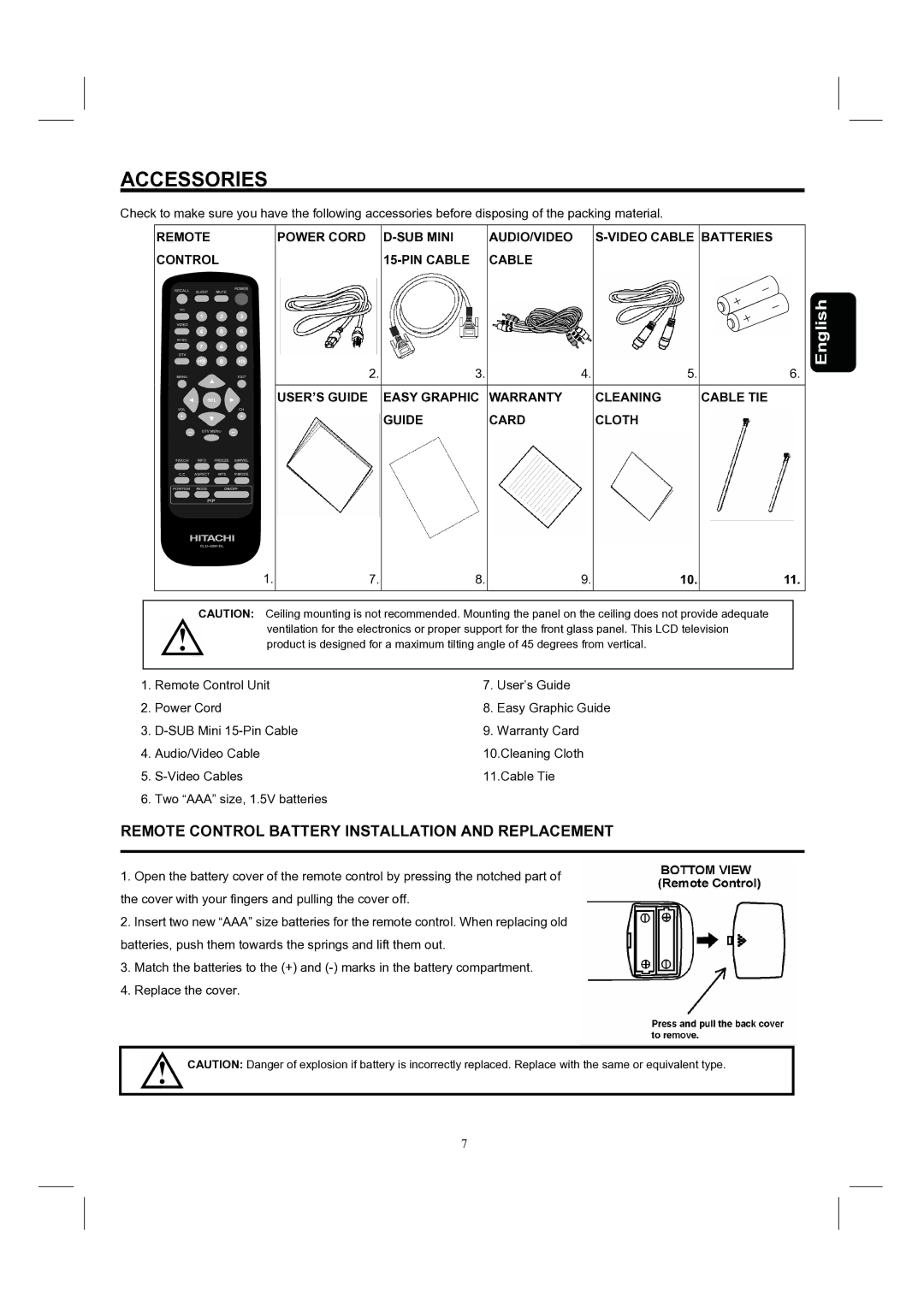 Hitachi 37HDL52, 32HDL52 important safety instructions Accessories, Remote Control Battery Installation and Replacement 