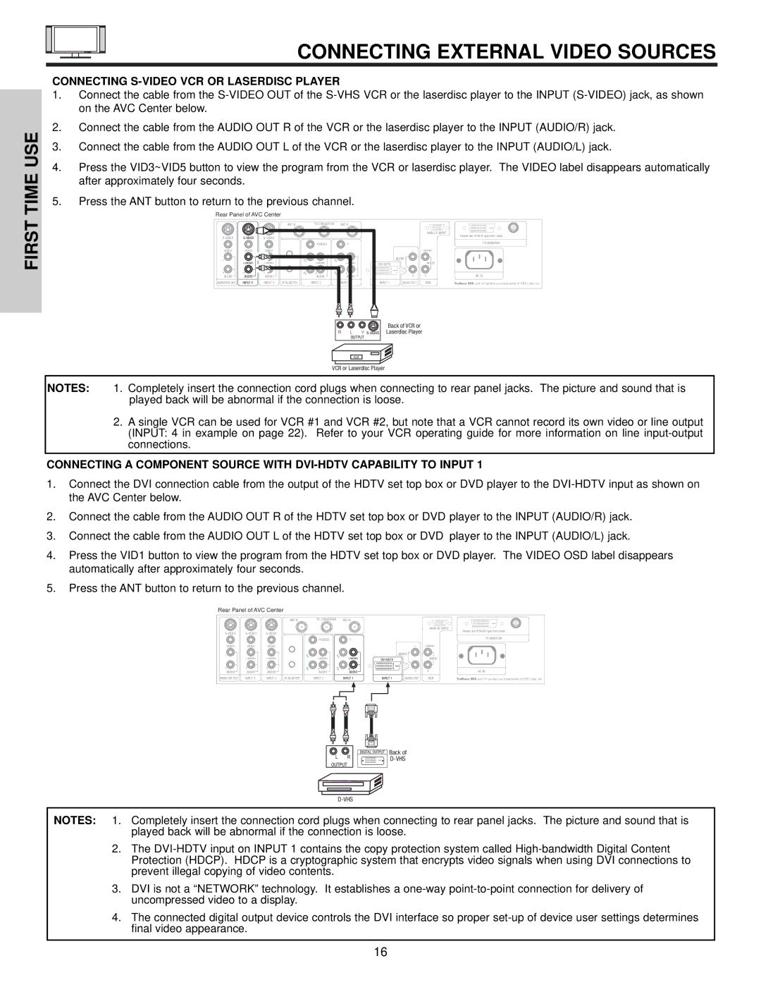 Hitachi 32HDX60 important safety instructions Connecting S-VIDEO VCR or Laserdisc Player, Rear Panel of AVC Center 