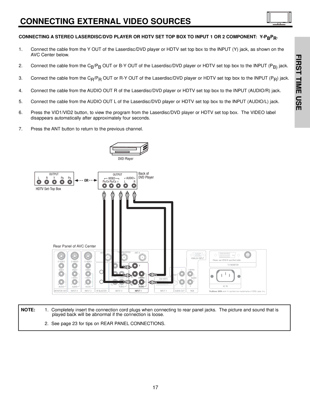 Hitachi 32HDX60 important safety instructions See page 23 for tips on Rear Panel Connections 