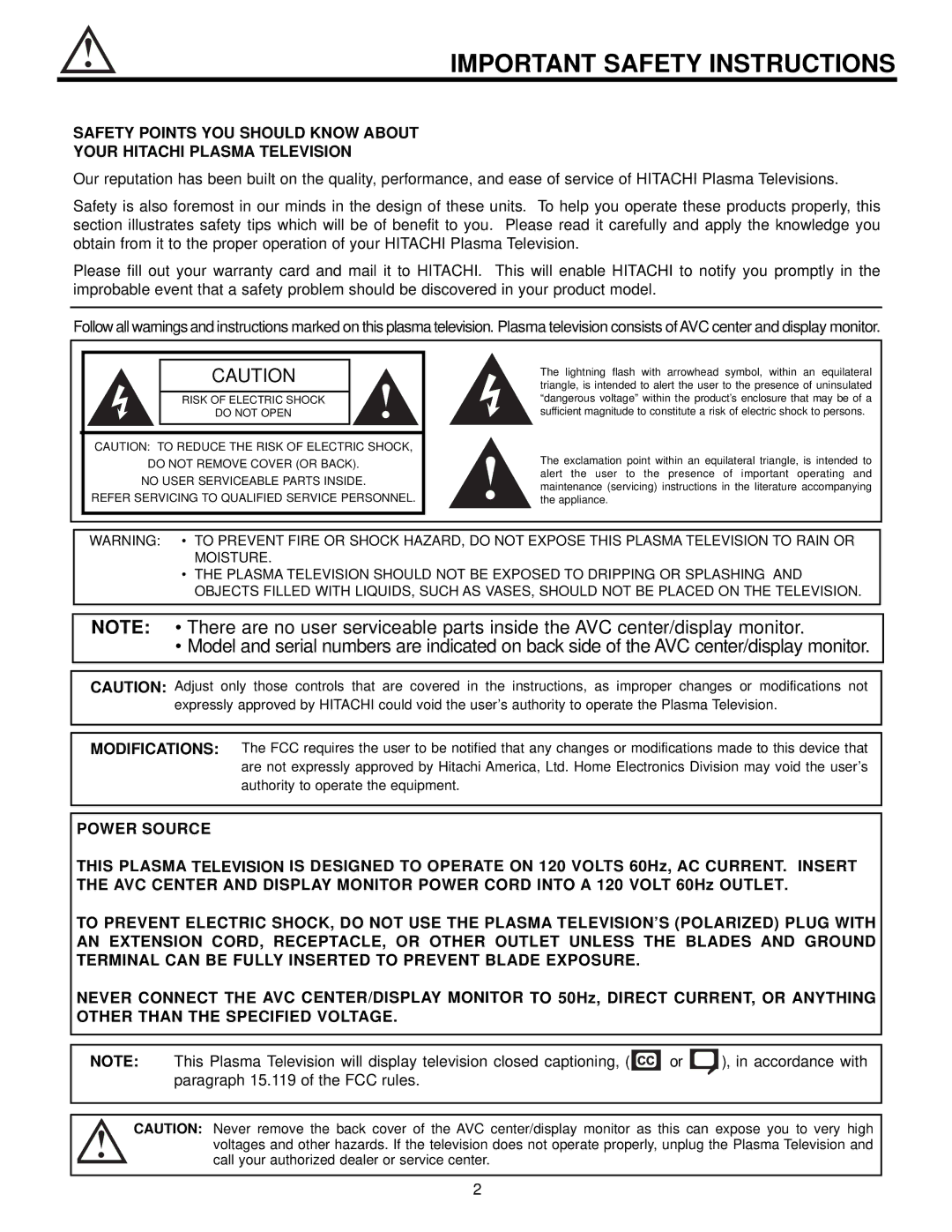 Hitachi 32HDX60 important safety instructions Power Source 