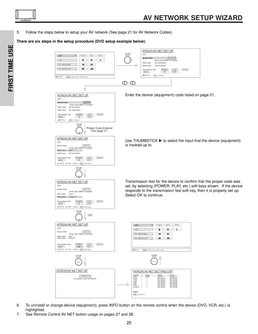 Hitachi 32HDX60 important safety instructions AV Network Setup Wizard, Hitachi AV NET SET UP 