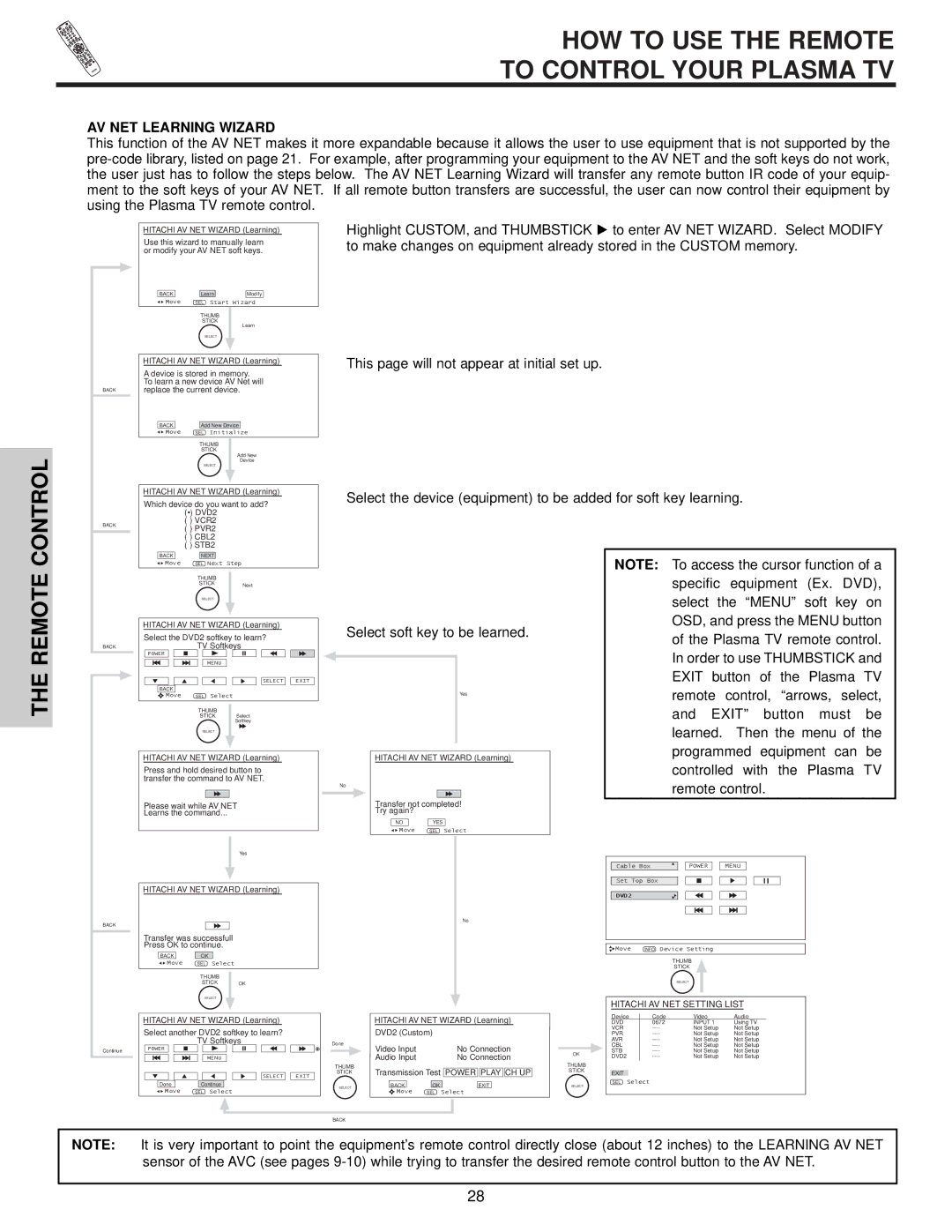 Hitachi 32HDX60 important safety instructions HOW to USE the Remote To Control Your Plasma TV, AV NET Learning Wizard 