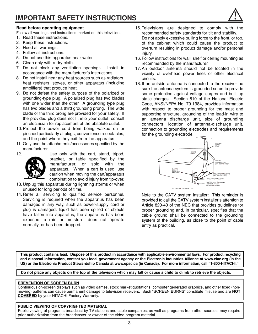 Hitachi 32HDX60 Important Safety Instructions, Prevention of Screen Burn, Public Viewing of Copyrighted Material 