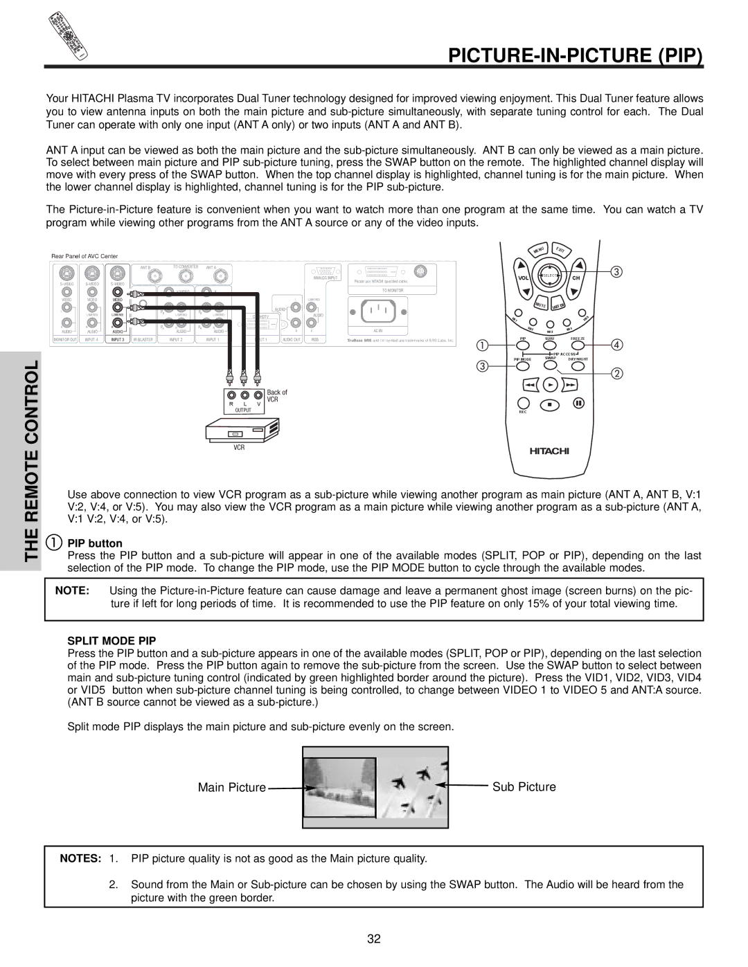 Hitachi 32HDX60 important safety instructions Picture-In-Picture Pip, PIP button, Split Mode PIP 