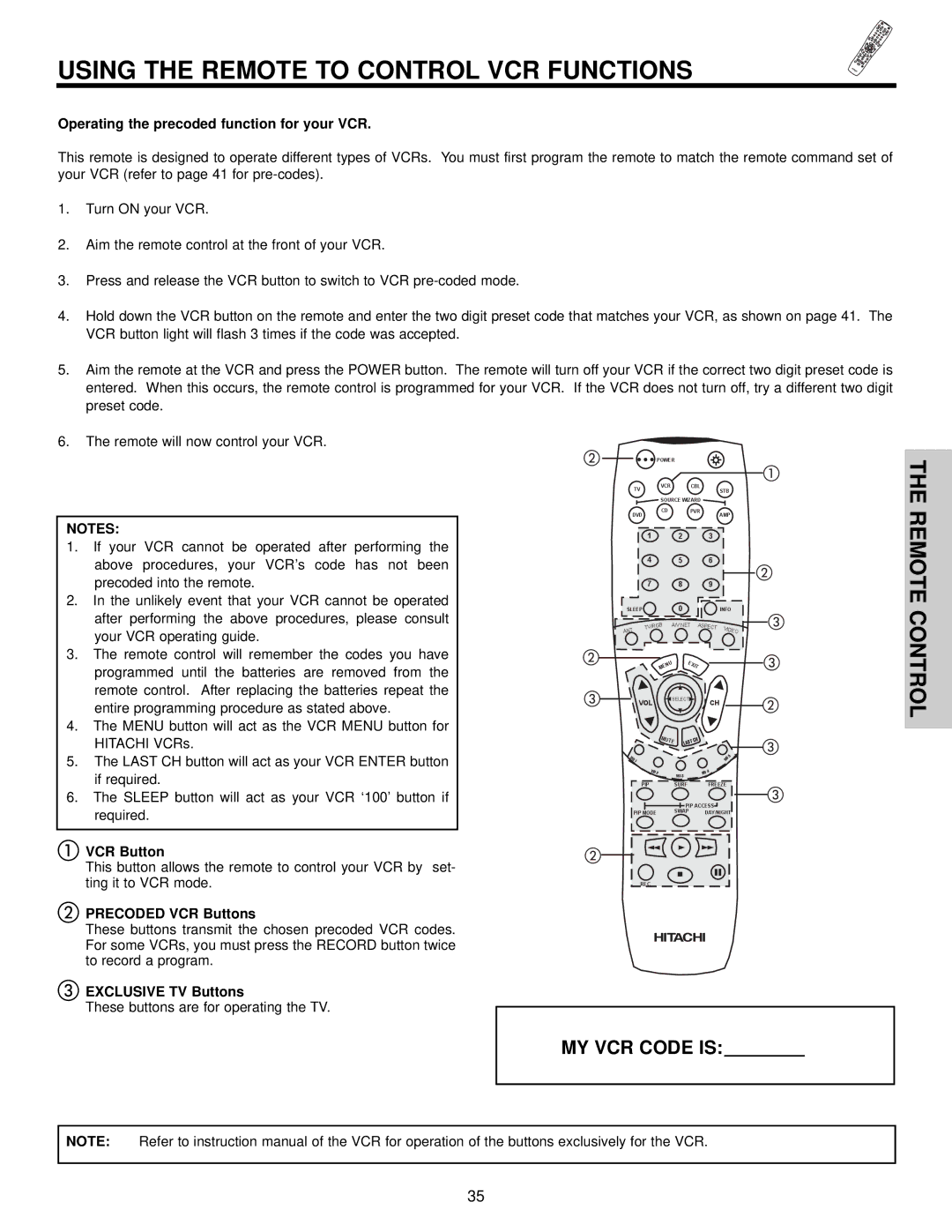 Hitachi 32HDX60 Using the Remote to Control VCR Functions, Operating the precoded function for your VCR 