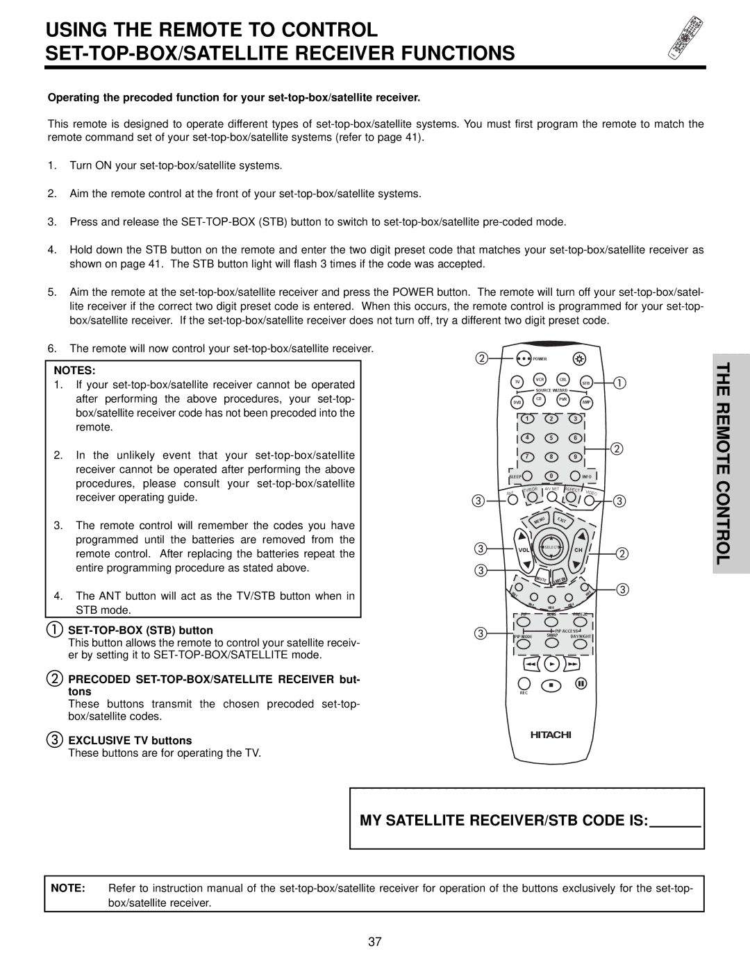 Hitachi 32HDX60 important safety instructions SET-TOP-BOX STB button, Precoded SET-TOP-BOX/SATELLITE Receiver but- tons 