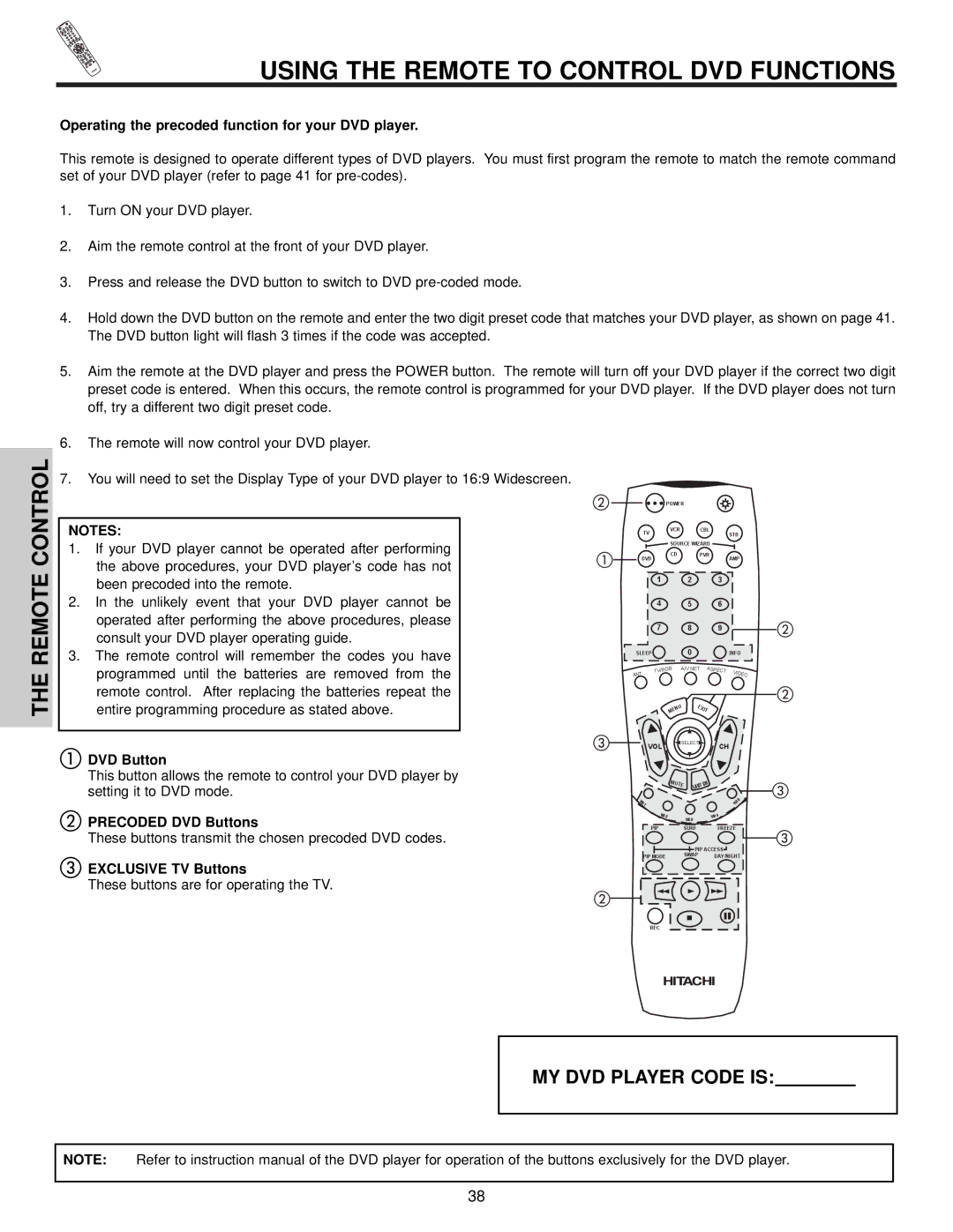 Hitachi 32HDX60 Using the Remote to Control DVD Functions, Operating the precoded function for your DVD player 